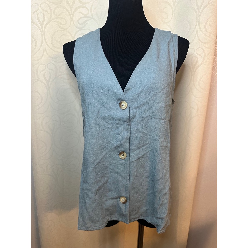 Zenana Blue-Gray Linen‎ Blend V-Neck Button Front Longline Vest Sleeveless -L